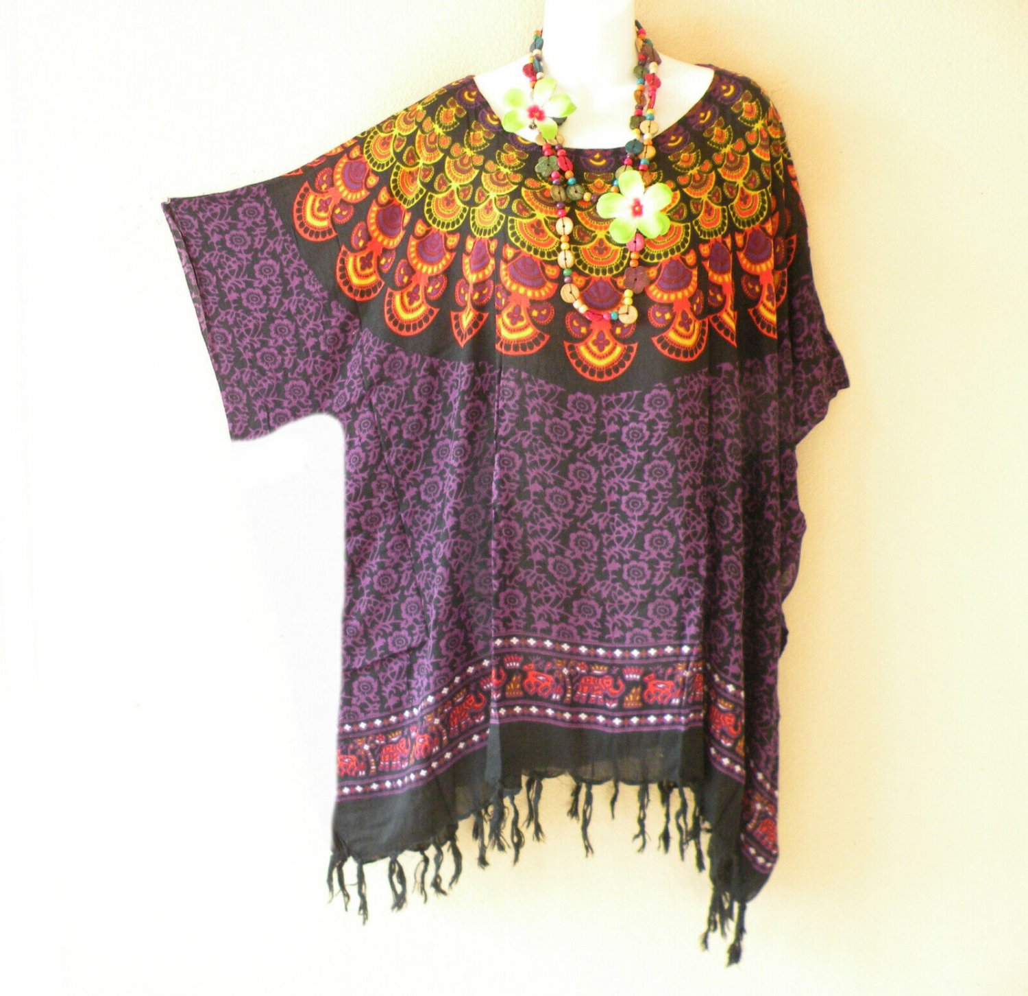 KB103 Purple Batik Caftan Poncho Kimono Tassel Tunic Blouse Top - 2X, 3X, 4X, 5X
