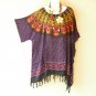 KB103 Purple Batik Caftan Poncho Kimono Tassel Tunic Blouse Top - 2X, 3X, 4X, 5X