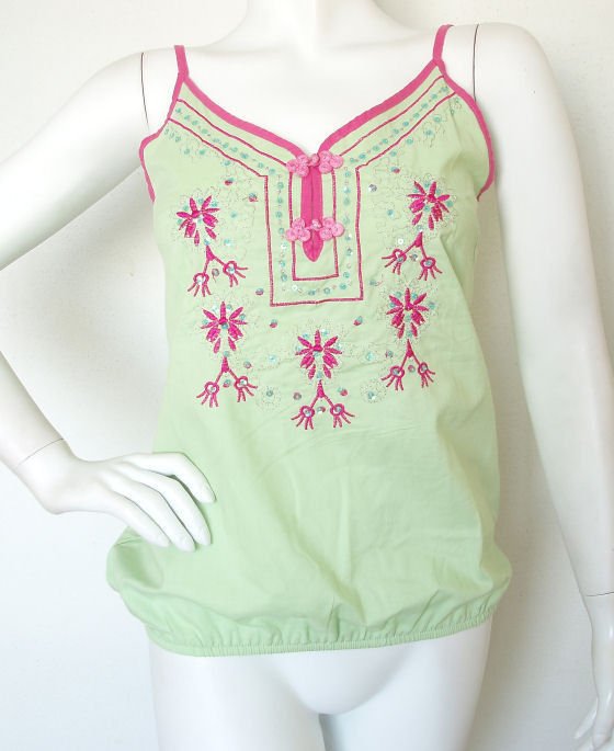 EB14 Green Boho Hippie Gypsy Bohemian Embroidered Beaded Sexy Top - XS & S