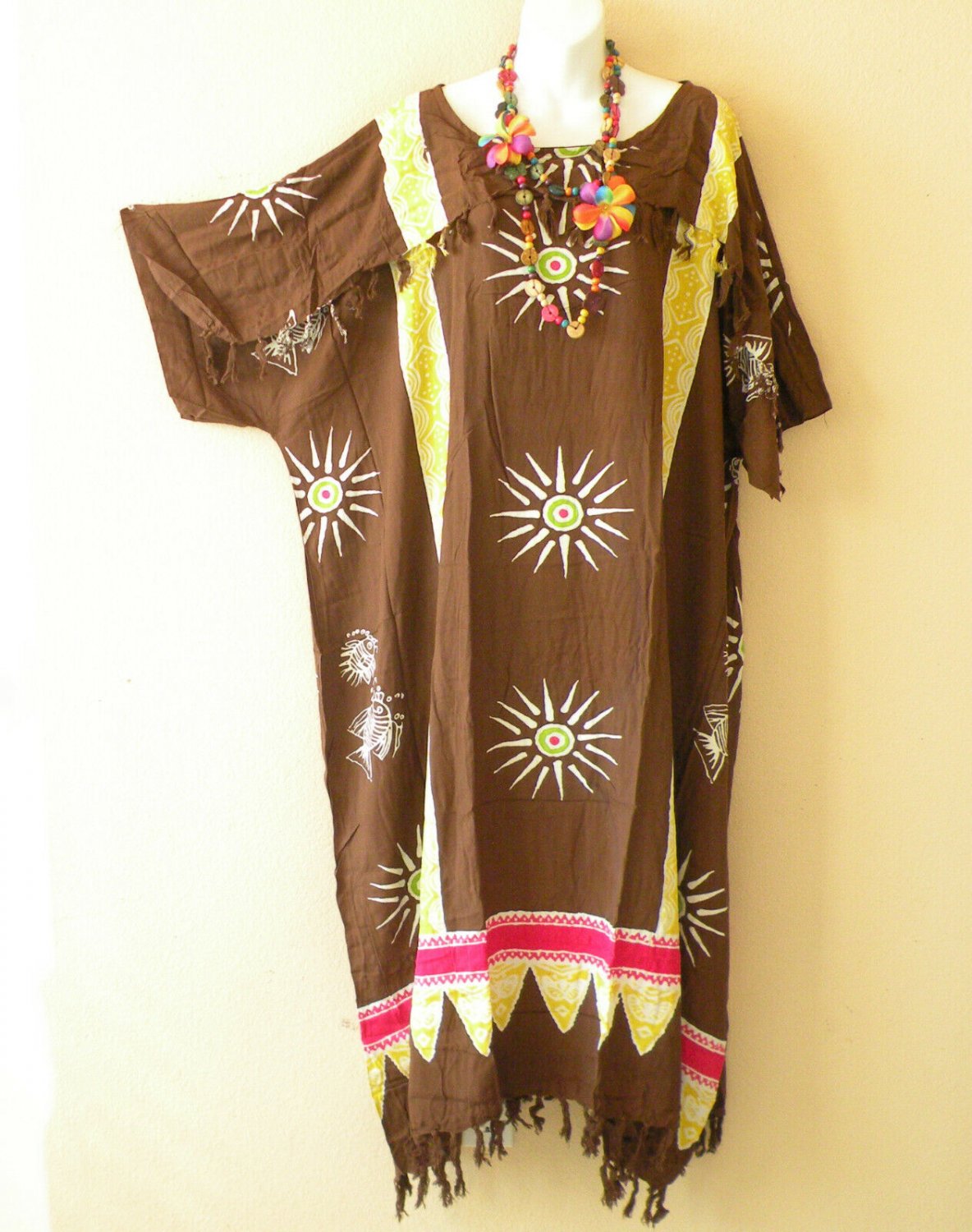 KD355 Brown Batik Plus Kaftan Kimono Abaya Fringes Hippie Maxi Dress up to 5X