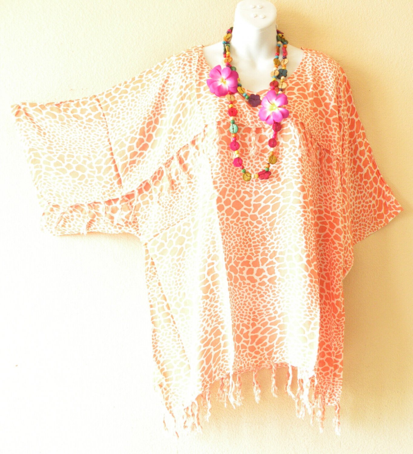 KB814 Peach Abstract Batik Plus Kimono Poncho Hippy Women Blouse Top up to 2X