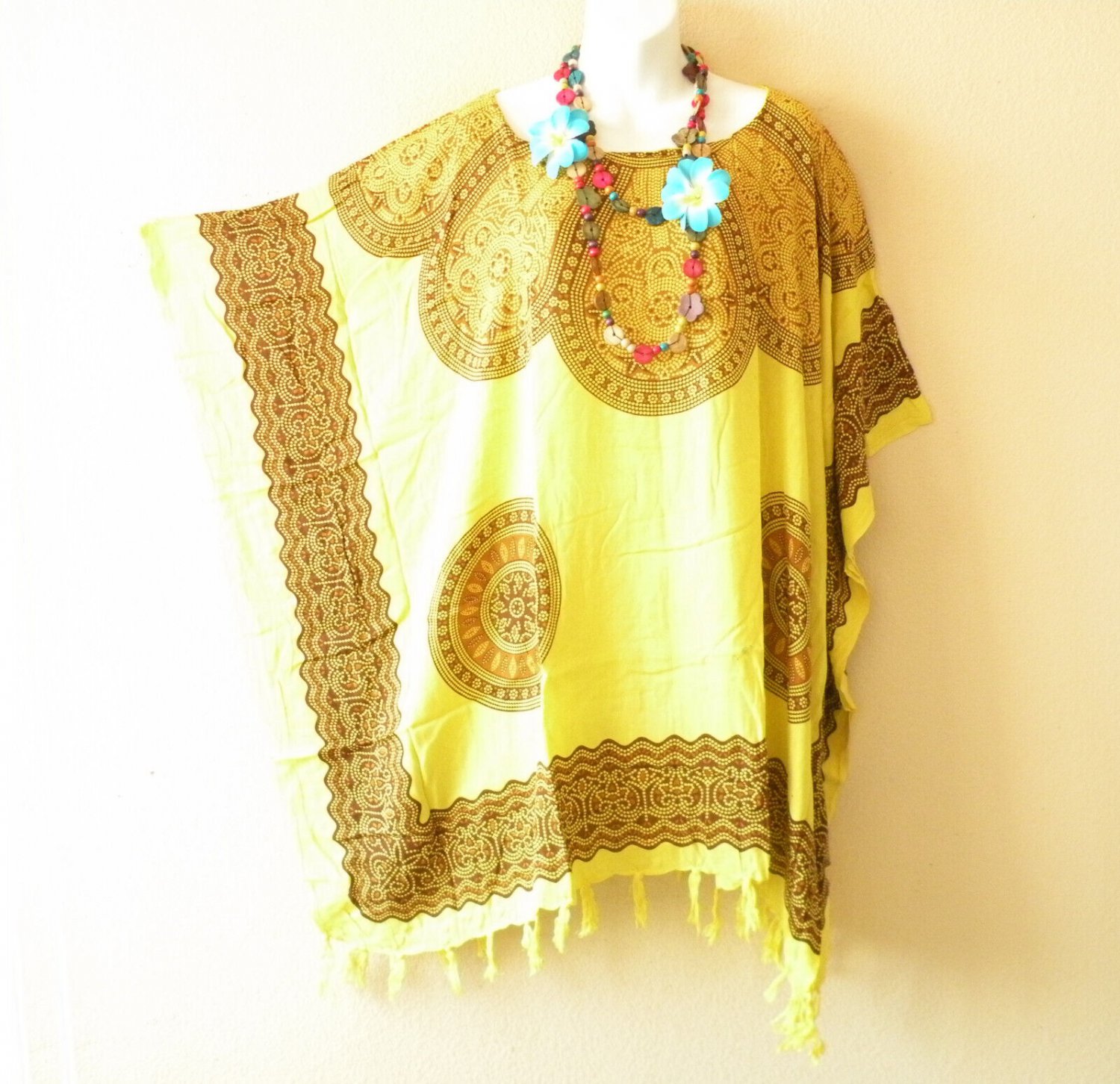 KB132 Yellow Batik Tunic Boho Plus Kimono Poncho Hippy Women Blouse Top up to 5X