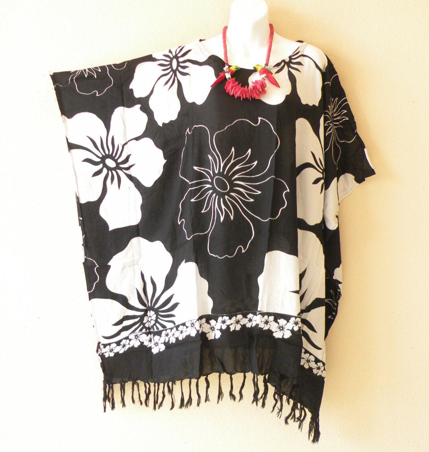KB373 Black White Batik Caftan Kaftan Poncho Hippy Women Blouse Top up to 5X