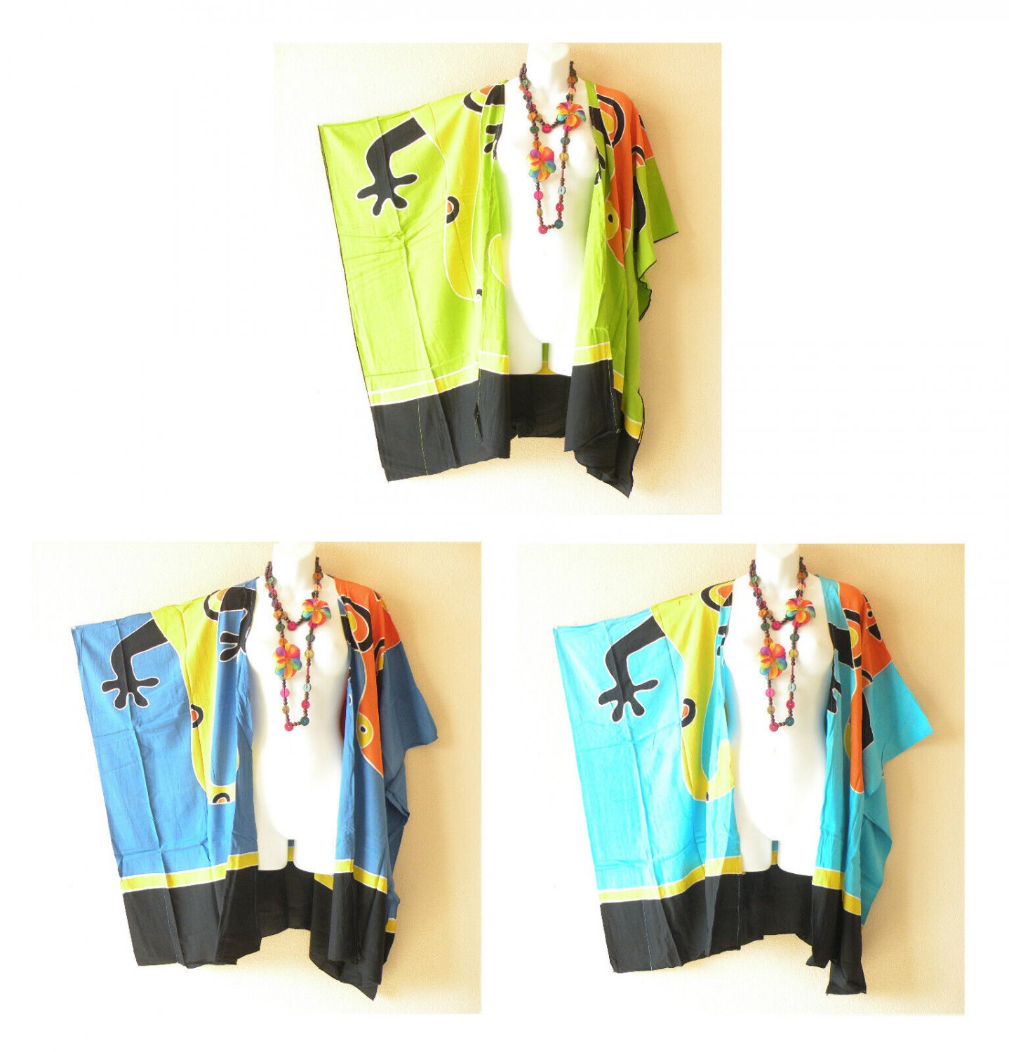 CG69 Gecko Hand Painted Open Cardigan Duster Kaftan Jacket Cover Top - up to 5X
