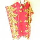 L12 Red Floral Batik Hippy Batwing 42" Kaftan Dolman Women Abaya Dress Up to 3X