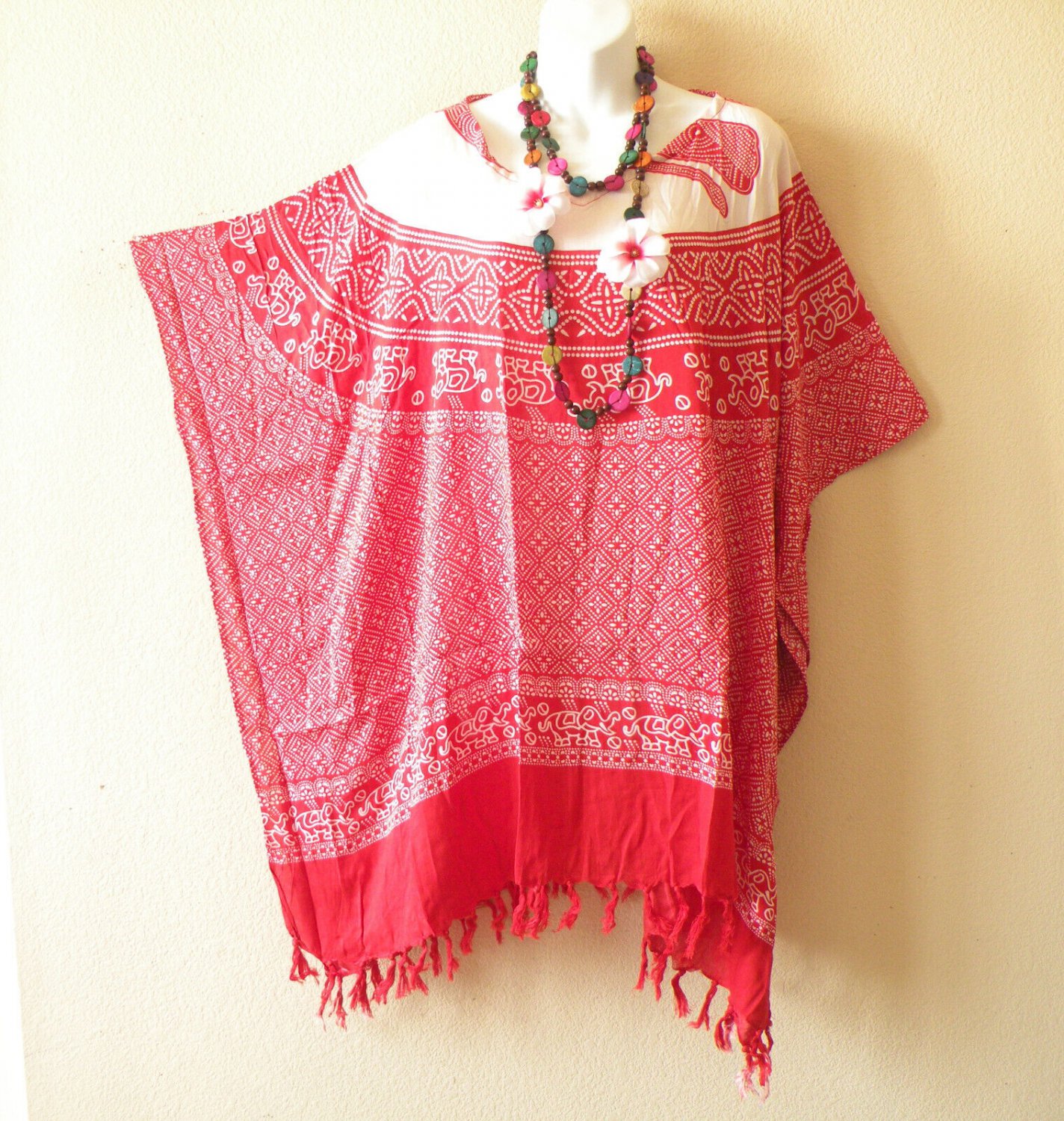 KB248 Red Elephant Batik Tunic Plus Kaftan Poncho Hippy Women Blouse Top upto 5X