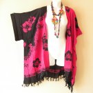 CB372 Pink Hibiscus Plus Size Cardigan Duster Jacket Kimono Cover up - 2X, 3X, 4X & 5X