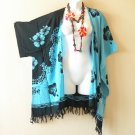 CB328a Aqua Hibiscus Batik Cardigan Duster Kimono Batwing Jacket Cover up 3X 4X & 5X