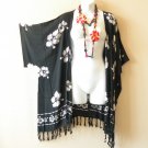 CB336a Black Hibiscus Kimono Cardigan Duster Kaftan Hippy Jacket Cover Top - up to 5X CB336a Black Hibiscus Kimono Cardigan Duster Kaftan Hippy Jacket Cover Top - up to 5X