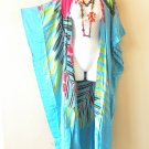 CD570 Aqua Floral Hand Painted Cardigan Duster Kaftan Kimono Plus Long Hippie Jacket - 3X, 4X, 5X