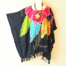KB97 Blue Tropical Floral Batik Kaftan TUNIC Poncho Blouse Shirt Top - Up to 5X