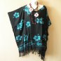 KB242 Teal Hibiscus Batik Tunic Plus Kaftan Poncho Hippy Women Blouse Top up to 5X