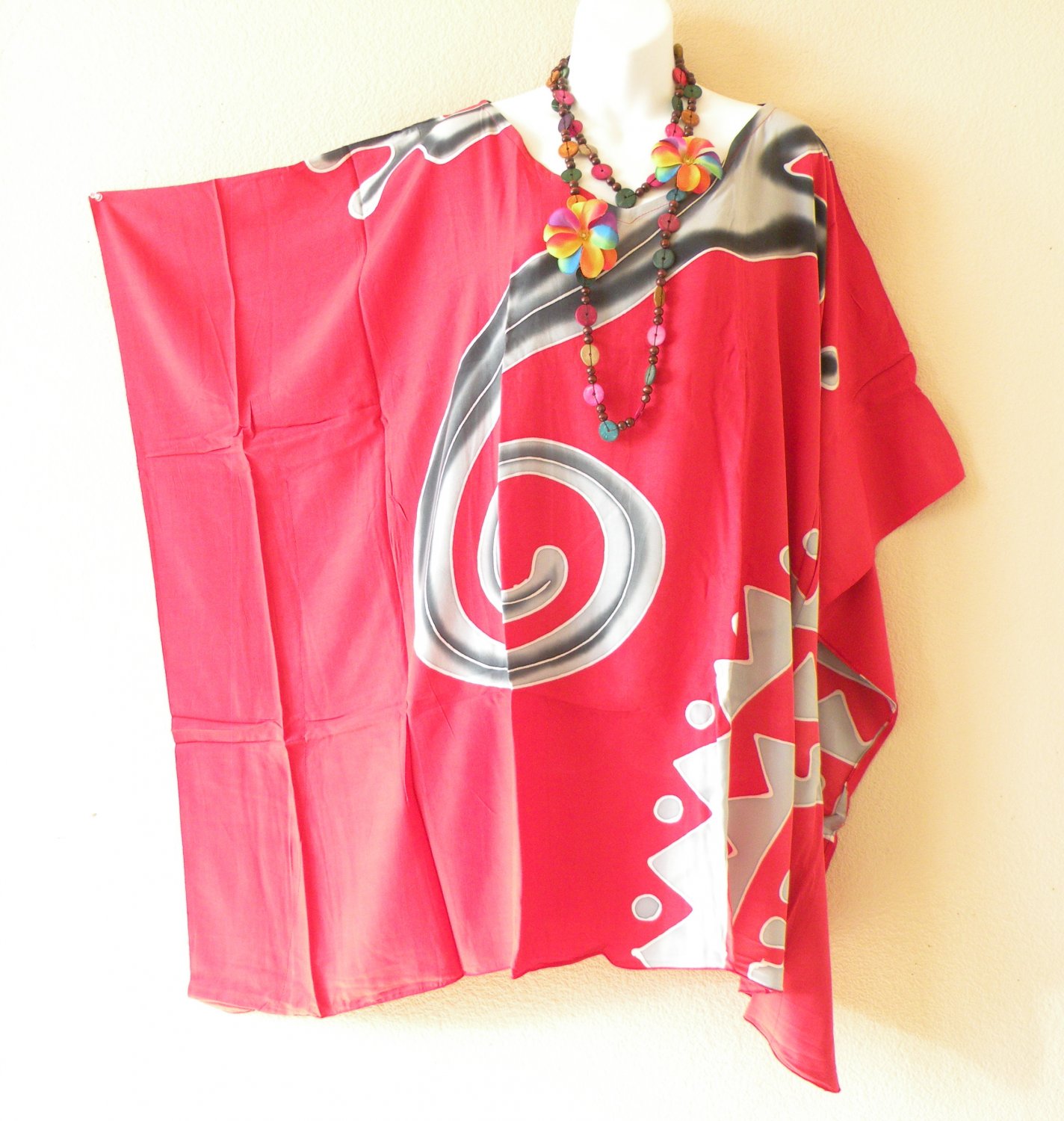 KB350 Red Gecko Hand Painted Batik Plus Kaftan Poncho Hippy Women Blouse Top up to 5X