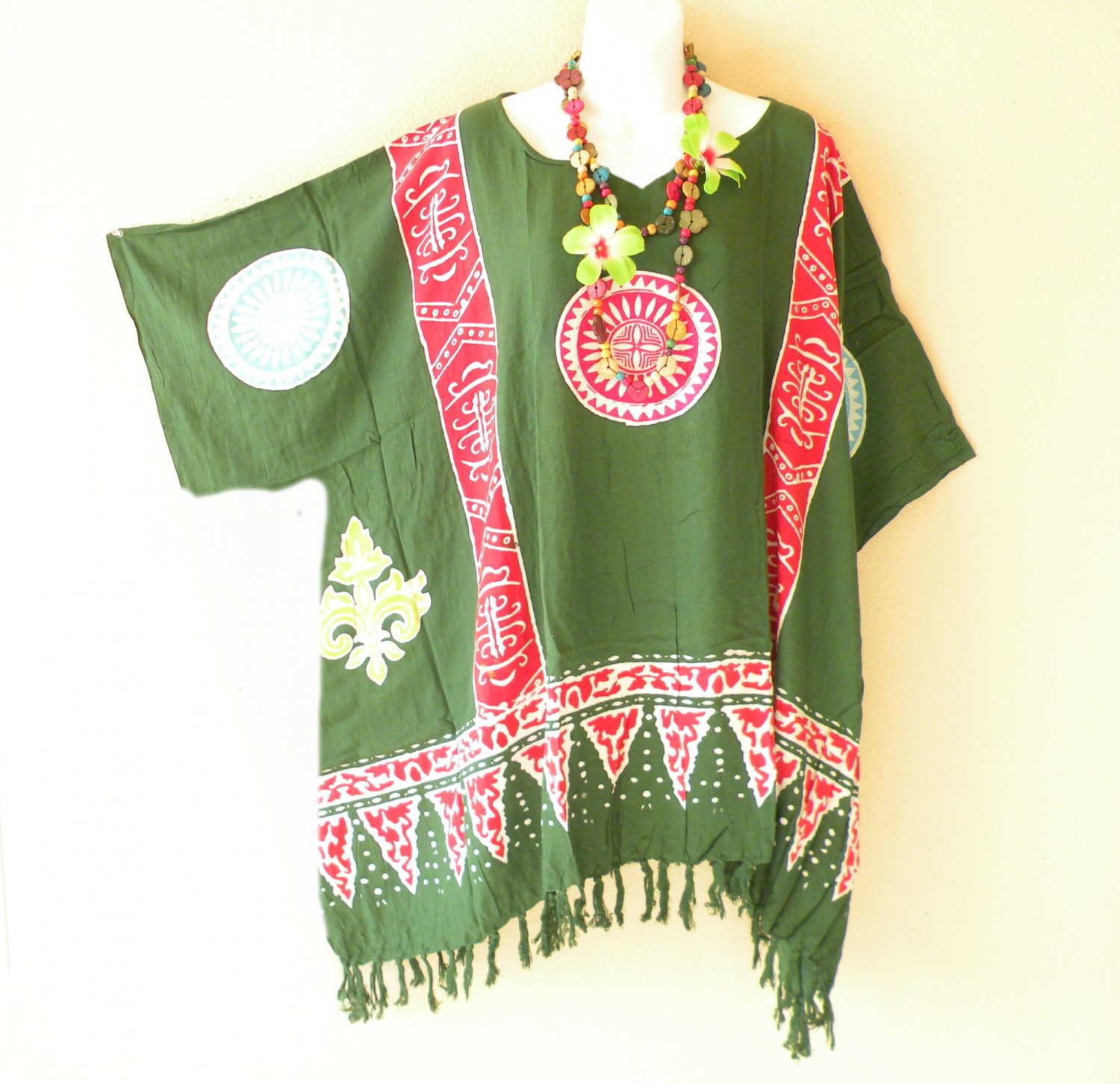 KB78 Green Abstract Batik Plus Kimono Poncho Hippy Women Blouse Top up to 5X