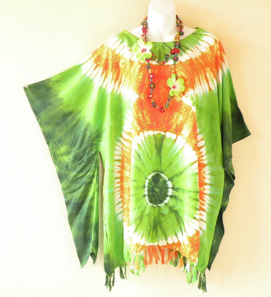 KB56 Tie Dye Batik Plus Kaftan Kimono Poncho Fringes Blouse Top XL, 1X, 2X, 3X