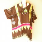 KB433 Brown Batik Caftan Poncho Kimono Tassel Tunic Blouse Top 2X, 3X, 4X, 5X
