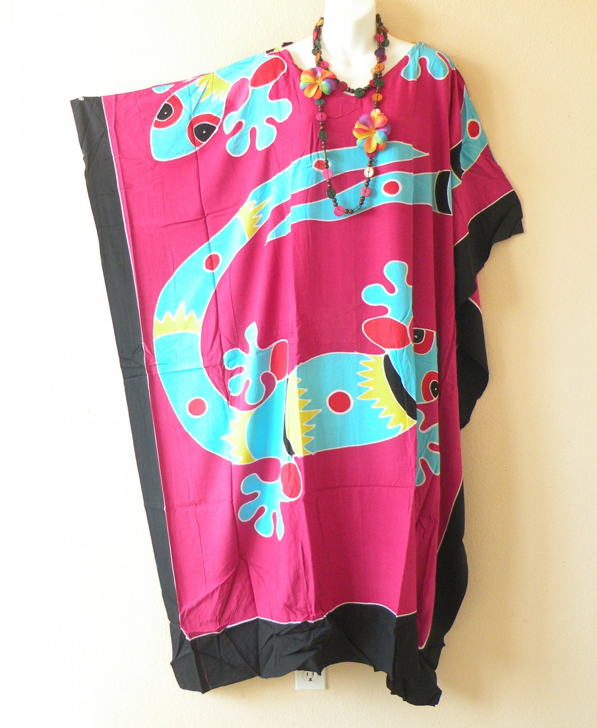KD445 Gecko Hand Painted Caftan Kimono Abaya Hippy Women Maxi Dress - up to 7X