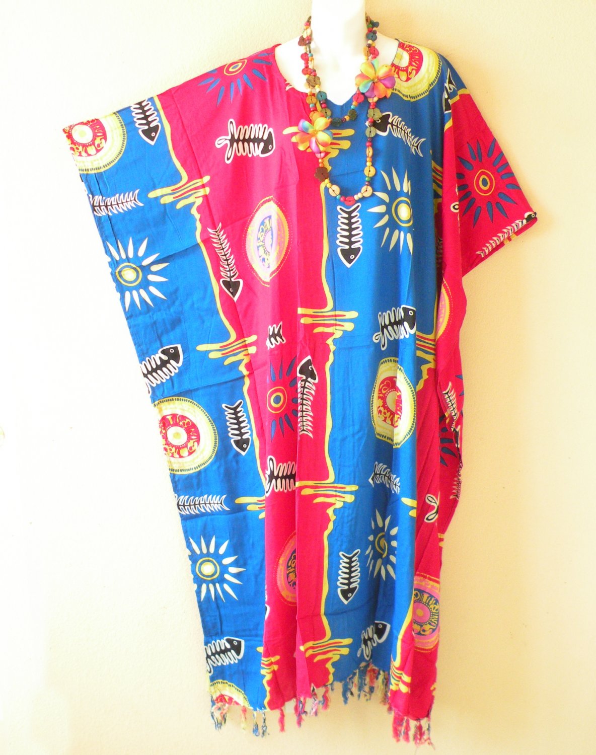 KD287 Fish Bone Batik Kaftan Kimono Abaya Fringes Hippie Maxi Dress 2X, 3X, 4X, 5X