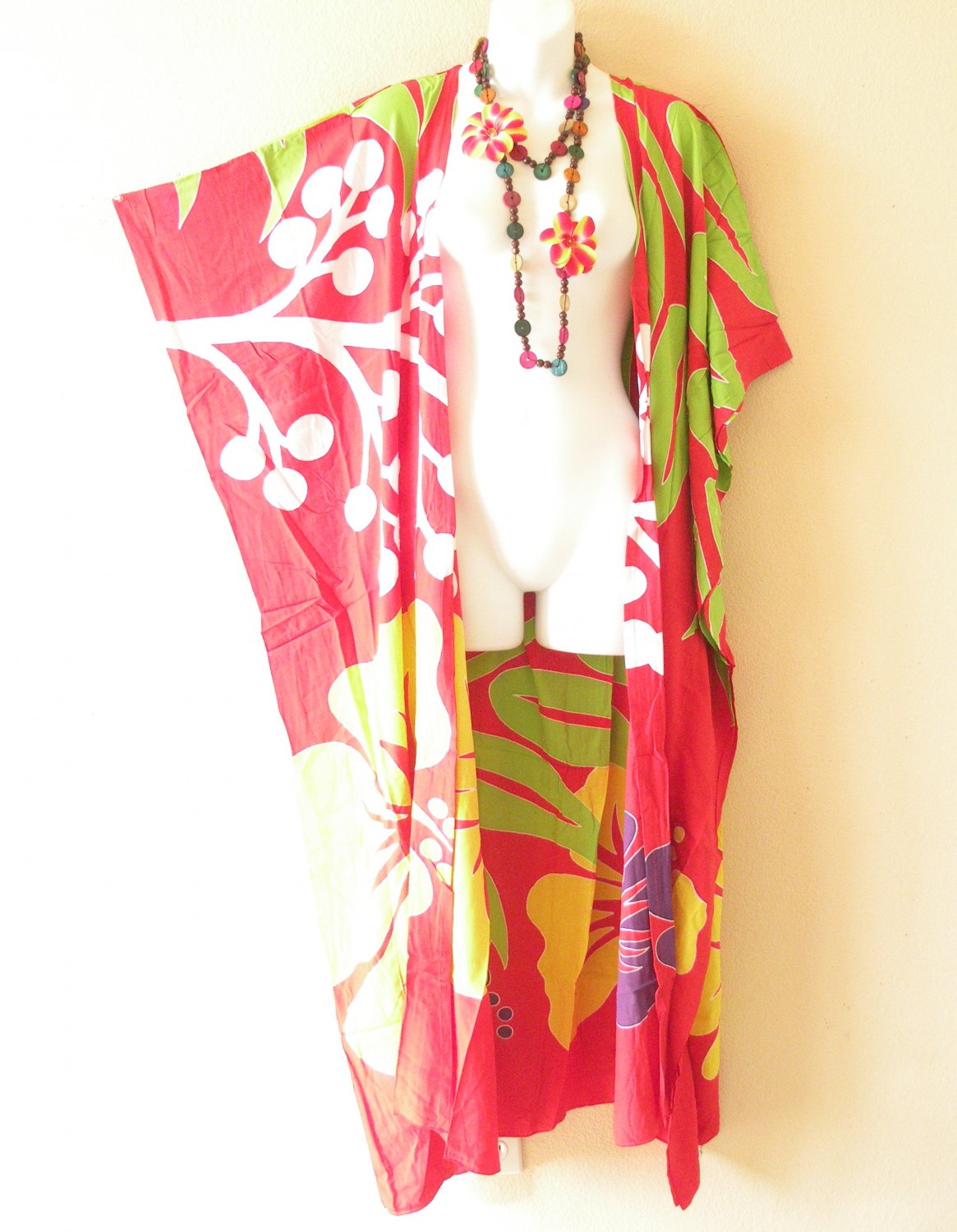 CD582 Red Floral Batik Kaftan Batwing Cardigan Duster Plus Hippy Jacket Cover Up
