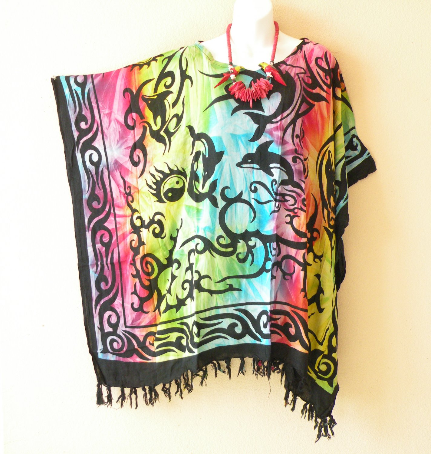 KB379 Tie Dye Batik Tunic Plus Kimono Poncho Hippy Women Blouse Top up to 5X