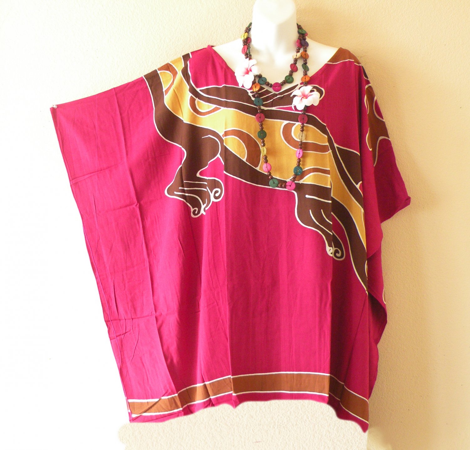 KB77 Gecko Hand Painted Plus Women Batik Kaftan Poncho Dolman Tunic Top - 3X to 5X
