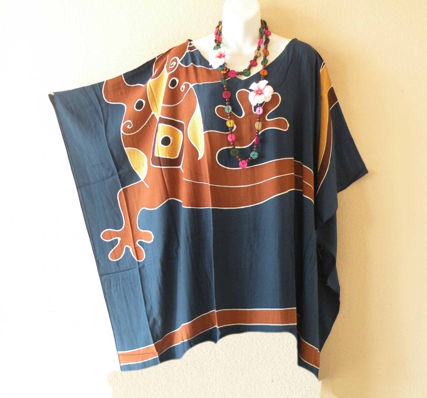 KB78 Gecko Hand Painted Plus Kaftan Poncho Hippy Women Blouse Top up to 5X