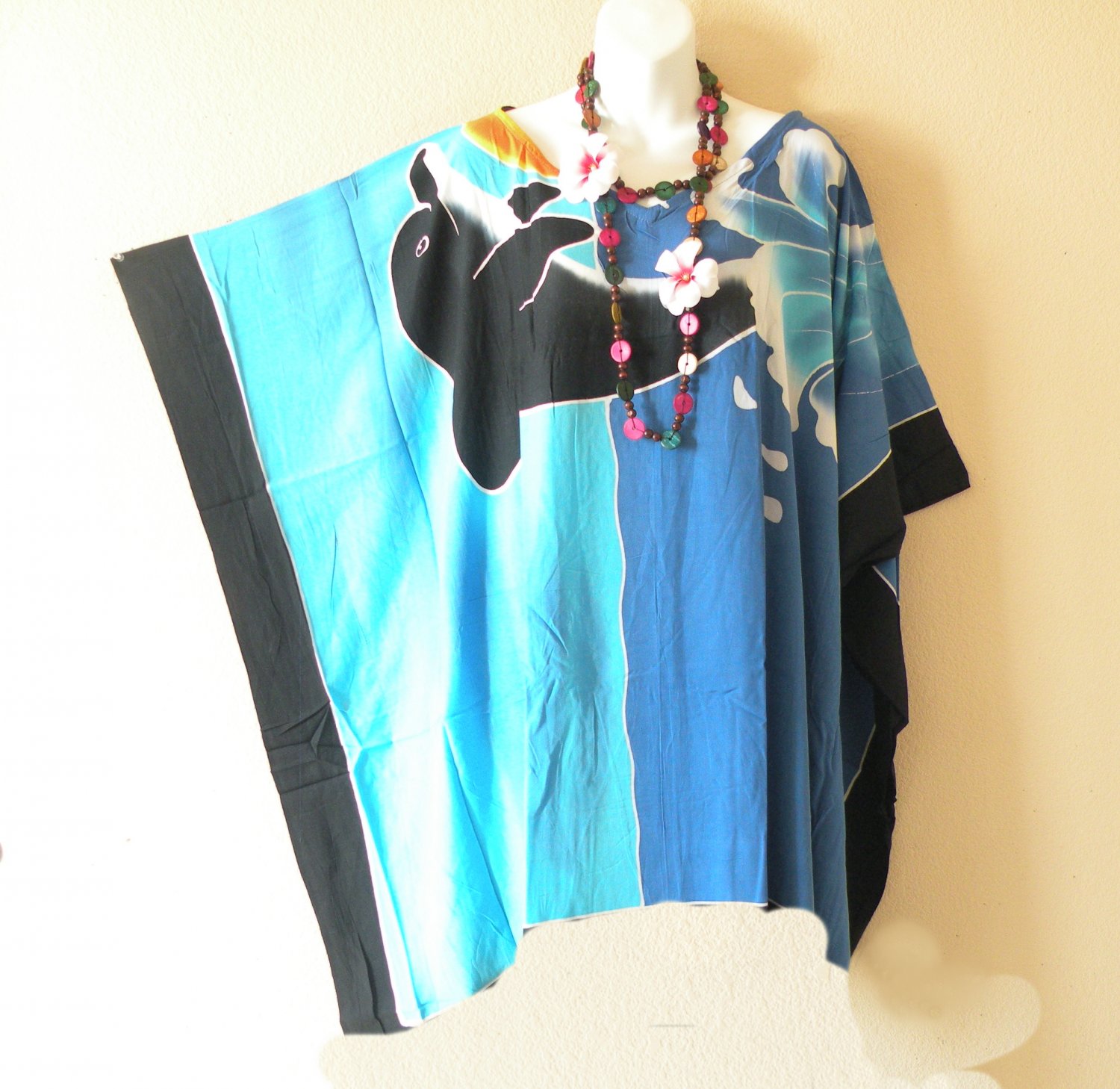 KB93 Dolphin Hand Painted Batik Plus Kaftan Poncho Hippy Women Blouse Top up to 5X