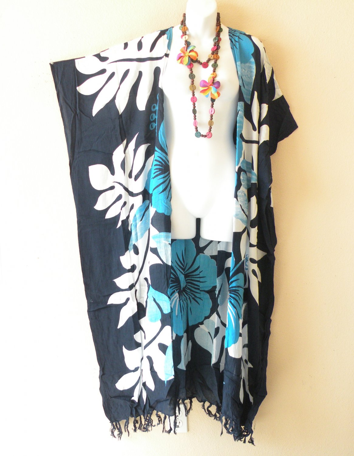 CD703 Blue Hibiscus Duster Kaftan Open Front Jacket Cover up Maxi Cardigan up to 5X