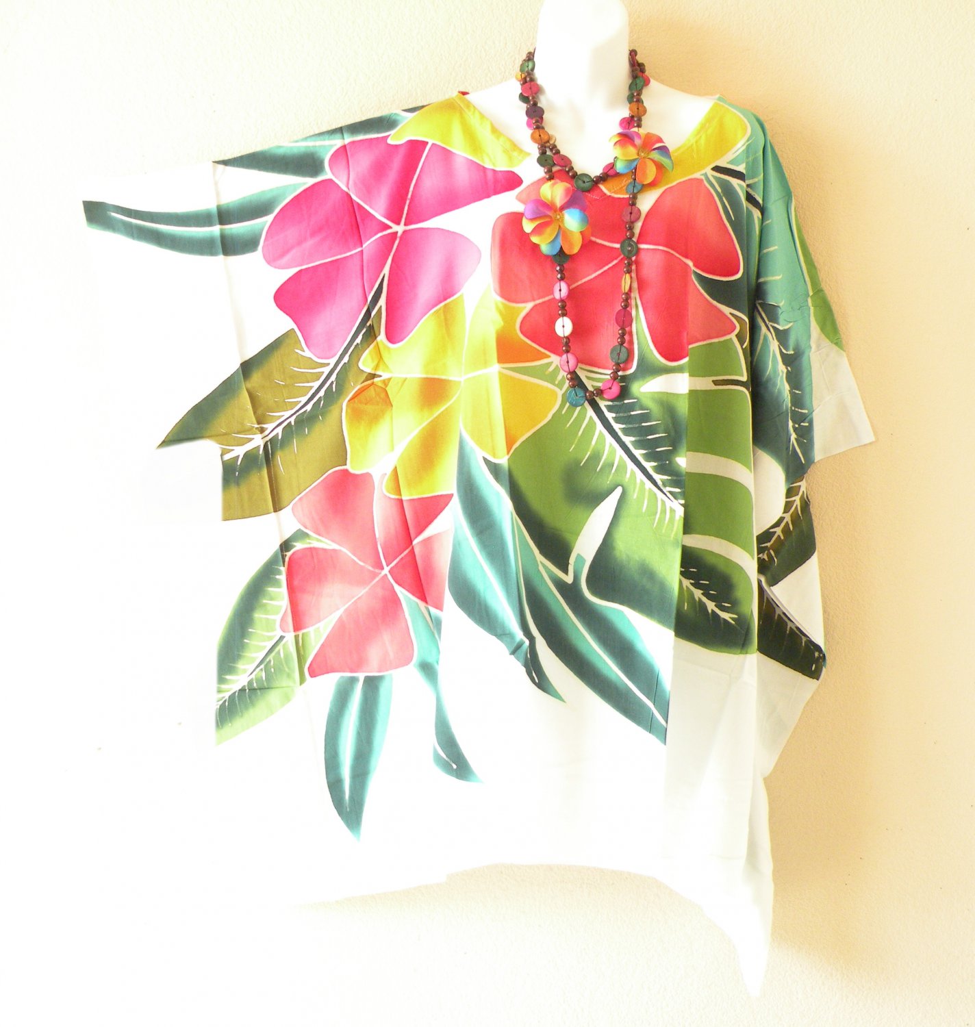 KB322 Multicolor Hibiscus Batik Plus Size Caftan Kimono Tunic Blouse Top - 2X, 3X, 4X & 5X
