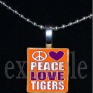 PEACE LOVE TIGERS Orange & Purple Mascot Team Jersey School Pendant Necklace or Keychain