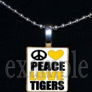 PEACE LOVE TIGERS Black & Gold Mascot Team Jersey School Pendant Necklace or Keychain