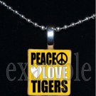 PEACE LOVE TIGERS Black & Gold Mascot Team Jersey School Pendant Necklace or Keychain