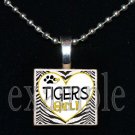 TIGERS GIRL Black & Gold Mascot Team School Pendant Necklace or Keychain