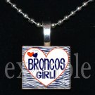 BRONCOS GIRL Navy, White & Orange Team Mascot Pendant Necklace or Keychain