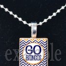 GO BRONCOS Navy, White & Orange Team Mascot Pendant Necklace or Keychain