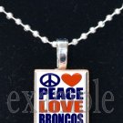 PEACE LOVE BRONCOS Navy, White & Orange Team Mascot Pendant Necklace or Keychain