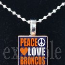 PEACE LOVE BRONCOS Navy, White & Orange Team Mascot Pendant Necklace or Keychain