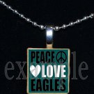 PEACE LOVE EAGLES Green, Black & Silver Team Mascot Pendant Necklace Charm or Keychain