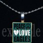 PEACE LOVE EAGLES Green, Black & Silver Team Mascot Pendant Necklace Charm or Keychain