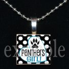 PANTHERS GIRL Black, Blue, Silver & White Team Mascot Pendant Necklace or Keychain