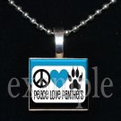 PEACE LOVE PANTHERS Black, Blue, Silver & White Team Mascot Pendant Necklace or Keychain