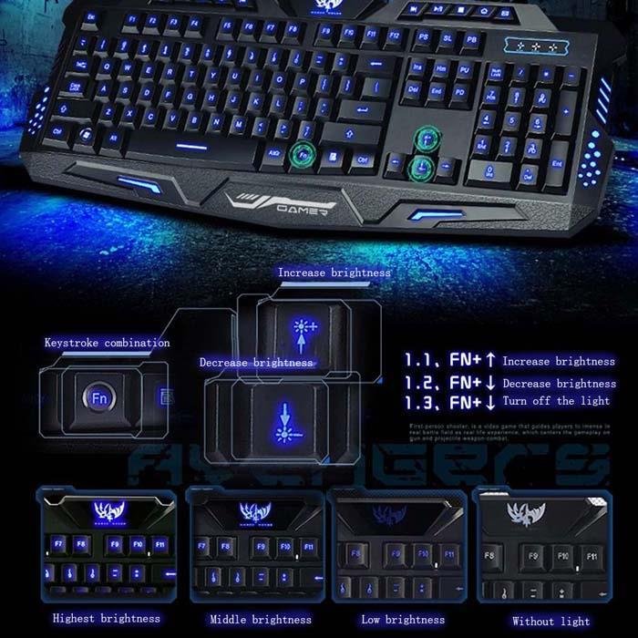 3 Colors Illuminated LED Backlight USB Wired Gaming Crack Keyboard for PC Black