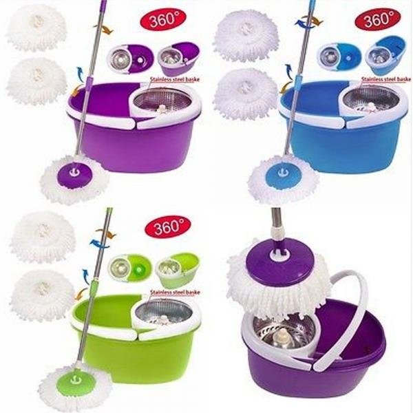 Easy Magic Floor Mop 360 Bucket 2 Heads Microfiber Spin Spinning Rotating Blue