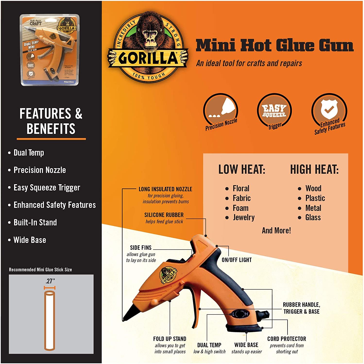 Gorilla Dual Temp Mini Hot Glue Gun Kit with 30 Hot Glue Sticks, (Pack