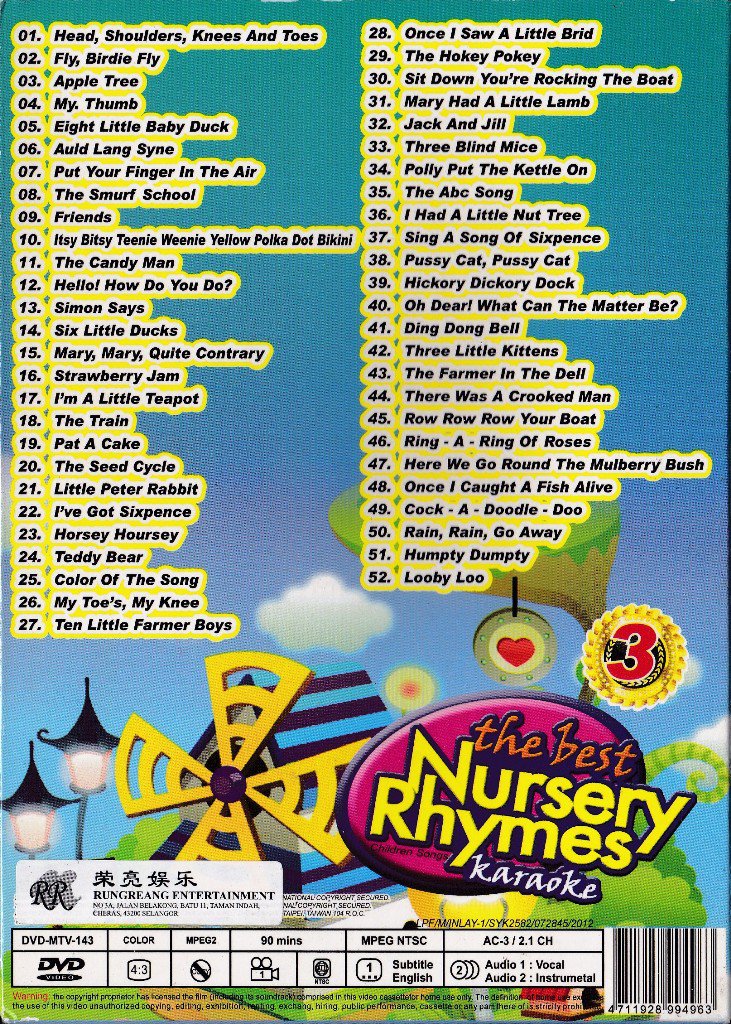 DVD Karaoke Best Nursery Rhymes 52 Children Songs Vol.3 English Sub