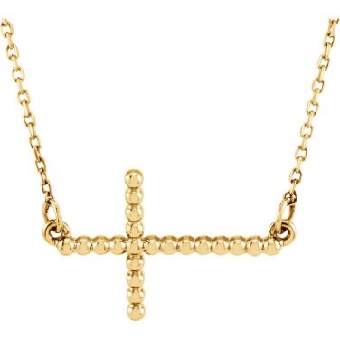 14k Yellow Gold Beaded Sideways Cross Necklace