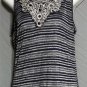 Medium 8 10 Agenda Dark Navy Blue Silver Stripe Long Tank Top Embellished Neck