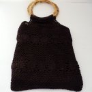 Crochet Handbag Baguette with Round Bamboo Handles Dark Brown 11 in. x 4 in.
