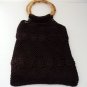 Crochet Handbag Baguette with Round Bamboo Handles Dark Brown 11 in. x 4 in.