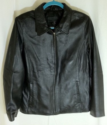 Jacklyn Smith Classic Black Leather Solid Basic Jacket Coat Size LG